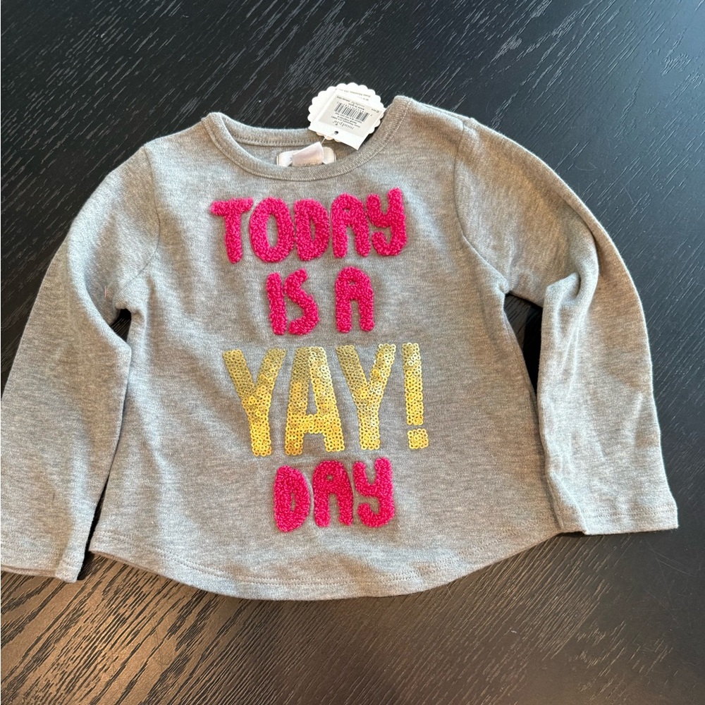 Mud Pie Gray Long Sleeve Tee with Pink and Sequence Text